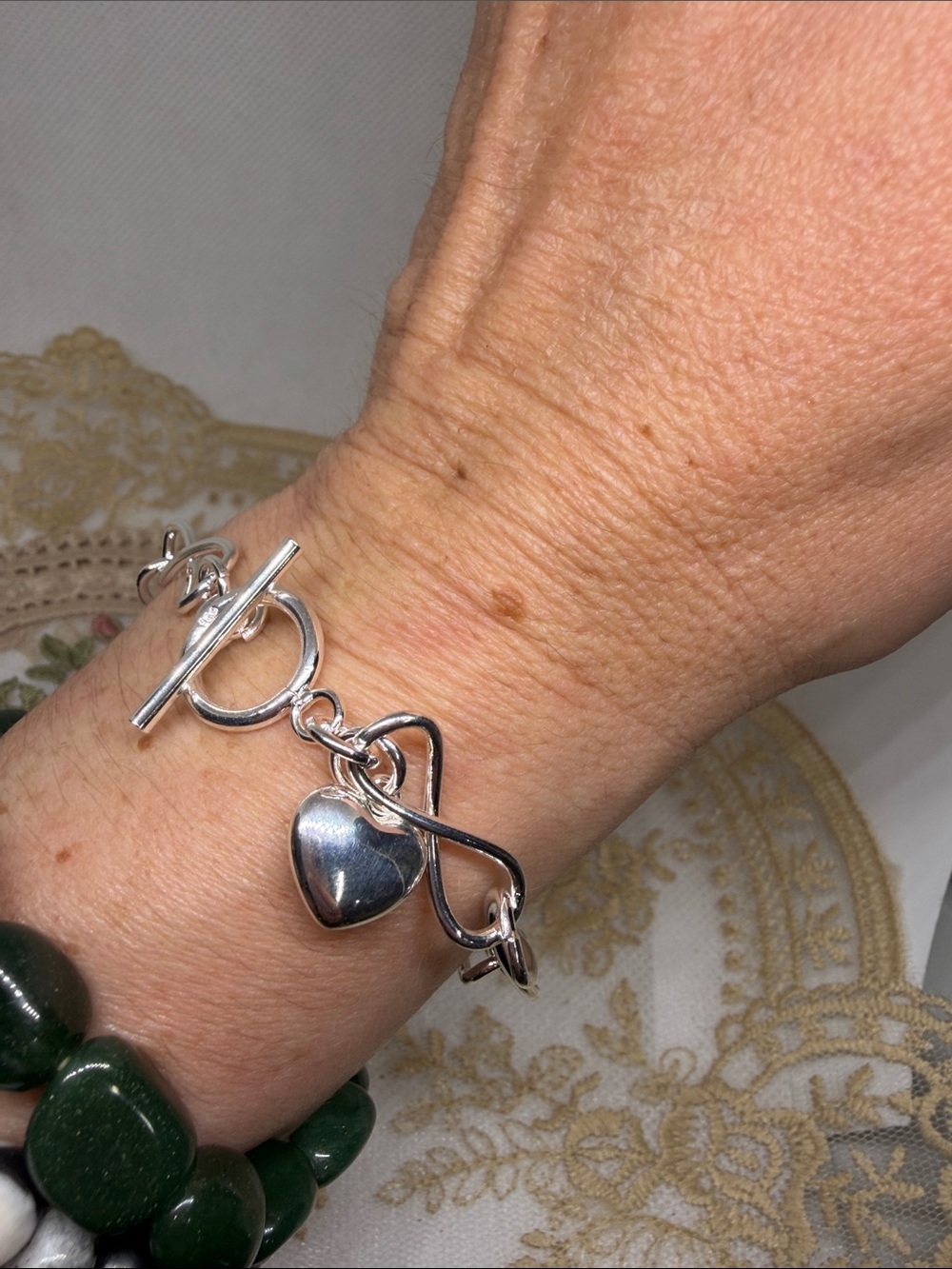 925 Sterling Silver Figure 8 Heart Charm Toggle Bracelet 6.75” Chromecore